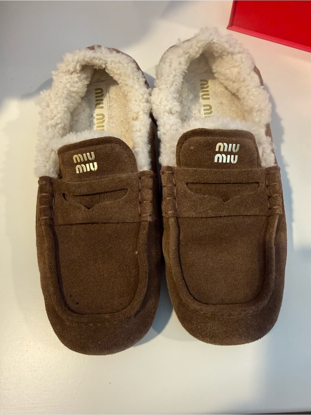Miu Miu women Brown Suede Shearling-Lined loafer/moccasin size 39